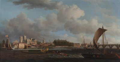 Westminster desde Lambeth, con la Barcaza Ceremonial de la Compañía de Ferreteros de Samuel Scott