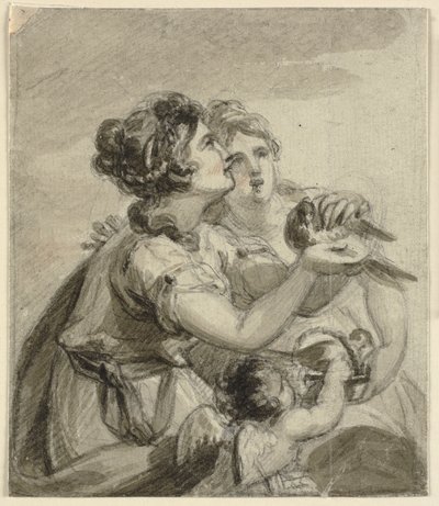 Dos mujeres con una paloma en sus manos y un cupido de Samuel Shelley