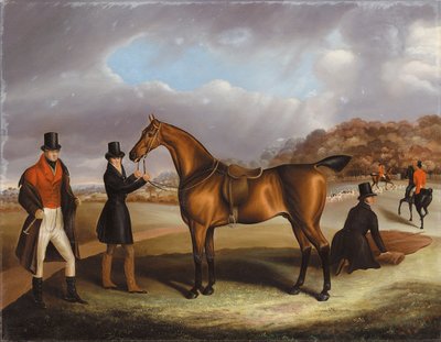 Lord George Bentinck con su cazador favorito y mozos, en un paisaje con una caza al fondo de Samuel Spode