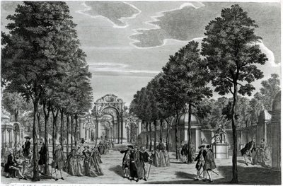 Los arcos triunfales, estatua de Handel en el paseo sur de los jardines de Vauxhall, grabado por John S. Muller de Samuel Wale