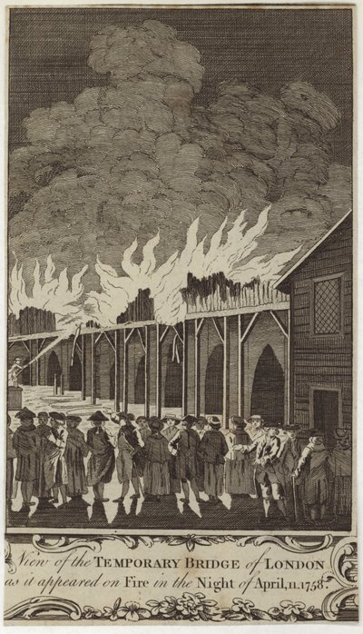 Vista del puente temporal de Londres en llamas la noche del 11 de abril de 1758 de Samuel Wale