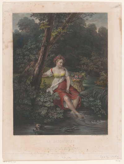 Mujer joven con corona de flores y pies en el agua. La Baigneuse (título sobre objeto) de Samuel William Reynolds (I)