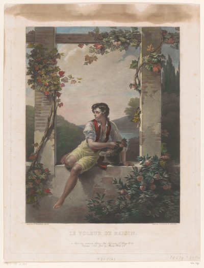 niño con sombrero lleno de uvas Le Voleur de Raisin (título sobre objeto) de Samuel William Reynolds (I)