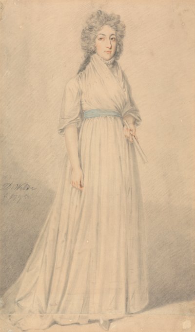 Una dama, de cuerpo entero, con faja azul y abanico en la mano de Samuel de Wilde