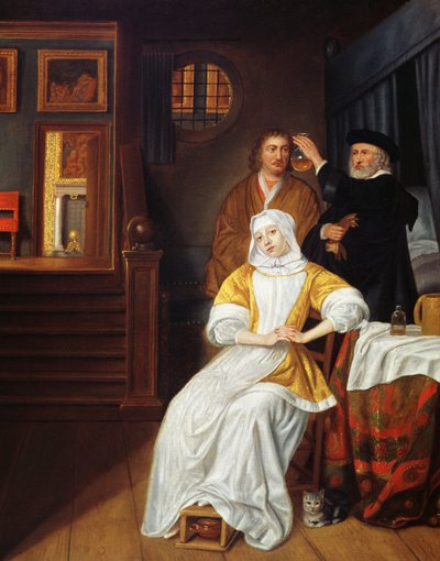 Un doctor visitando a una joven en un dormitorio de Samuel van Hoogstraten