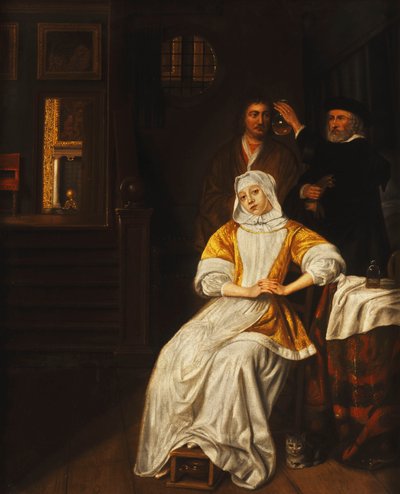 Un doctor visitando a una joven en un dormitorio de Samuel van Hoogstraten