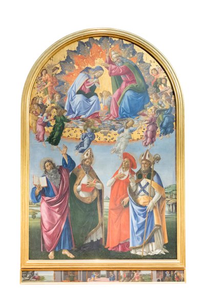 Coronación de la Virgen con ángeles y san Juan evangelista, san Agustín de Sandro Botticelli