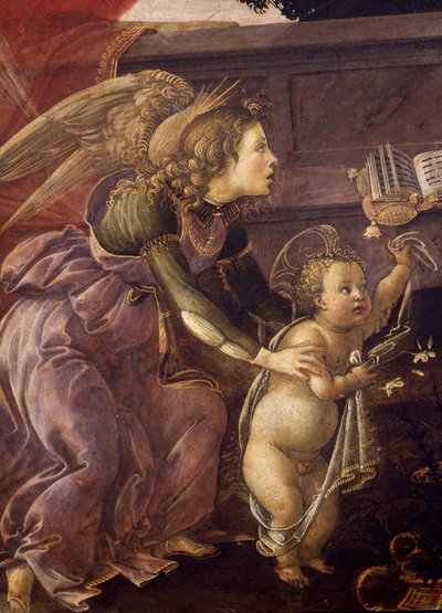 Virgen con el Niño y tres ángeles (Madonna del Padiglione), detalle del ángel con Cristo de Sandro Botticelli
