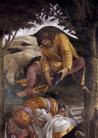 Historia de la vida de Moisés. Detalle de Moisés calzándose los pies. Pintura de Alessandro di Mariano dei Filipepi, conocido como Sandro Botticelli (1445-1510). Fresco de Sandro Botticelli