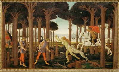 La historia de Nastagio degli Onesti, primero de tres paneles: Nastagio camina triste por un bosque ... (pintura sobre madera) de Sandro (1444/5-1510) Botticelli