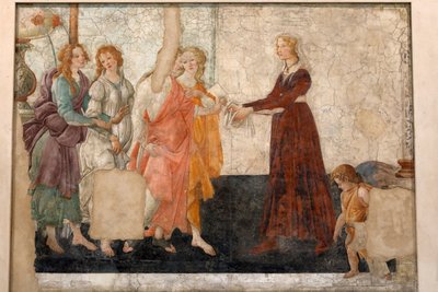 Venus y las tres gracias ofreciendo regalos a una doncella, c.1483-85 de Sandro Botticelli