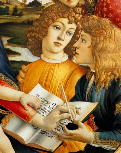 Lorenzo el Magnífico y su hermano Giuliano de Medici, detalle de la Madonna y el Niño con ángeles o Madonna del Magnífico de Sandro Botticelli
