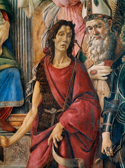 Pala di San Barnaba (Retablo de San Bernabé): Nuestra Señora con un niño con Santa Catalina de Alejandría, San Agustín, San Bernabé y San Juan Bautista, San Ignacio de Antioquía y el Arcángel San Miguel. (detalle) de Sandro Botticelli