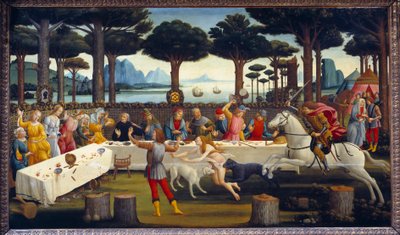 Historia de Nastagio degli Onesti: Banquete en el bosque de pinos, tercer panel en una serie de cuatro de Sandro Botticelli