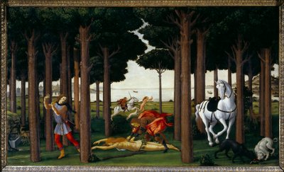 Historia de Nastagio degli Onesti: Caza infernal, segundo panel de una serie de cuatro de Sandro Botticelli