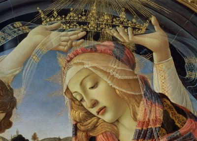 La Madonna del Magnificat, (detalle) del rostro y la corona de la Virgen de Sandro Botticelli