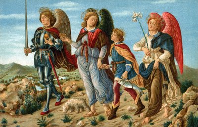 Los tres arcángeles y Tobías. Los ángeles Rafael, Gabriel y Miguel acompañando al joven Tobías. Cromolitografía realizada alrededor de 1900 para postal según la pintura de Sandro Botticelli (1445-1510). de Sandro (after) Botticelli