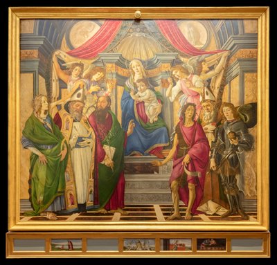 Retablo, panel principal: Virgen entronizada, cuatro ángeles y santos de Sandro Botticelli