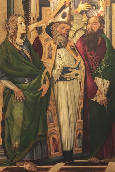 Retablo, panel principal: Virgen entronizada, cuatro ángeles y santos de Sandro Botticelli