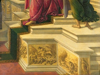 Calumnia de Apeles: detalle mostrando parte del podio decorado con frisos escultóricos simulados representando temas clásicos, 1497-98 (detalle) de Sandro Botticelli