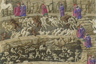 Canto XVIII, parte del 8º círculo del Infierno, ilustración del "Infierno" de Dante, c.1485 de Sandro Botticelli