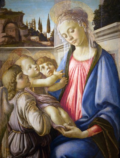 Italiano:  Madonna col Bambino e due angeli Virgen con el Niño y dos ángeles de Sandro Botticelli