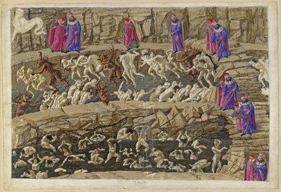 La Divina Comedia, Infierno XVIII. Virgilio y Dante en el octavo círculo del infierno (Malebolge), 1.ª y 2.ª bolgia: castigo a los alcahuetes y seductores, a los aduladores y a las prostitutas de Sandro Botticelli