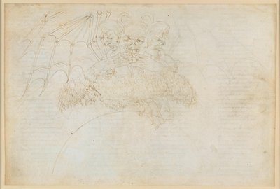 La Divina Comedia, Infierno XXXIV (1): El centro del infierno: Lucifer, aplastando a Judas, Bruto y Casio en el hielo de la Giudecca de Sandro Botticelli