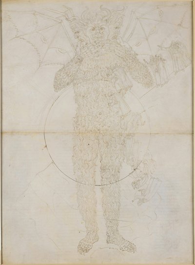 La Divina Comedia, Infierno XXXIV (2). El centro del infierno: Lucifer en toda su grandeza (el Gran Satán); despedida del Infierno de Sandro Botticelli