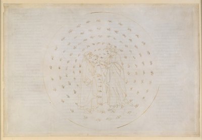La Divina Comedia, Paraíso VII. Segunda esfera planetaria (Cielo de Mercurio): Beatriz introduce a Dante en cuestiones complejas sobre la justicia divina, así como sobre la culpa original del ser humano y la redención mediante la muerte de Cristo. de Sandro Botticelli