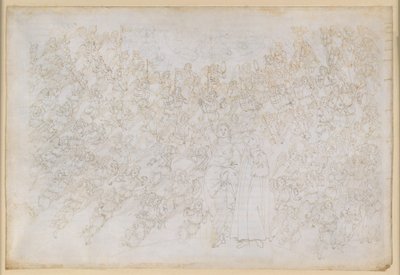 La Divina Comedia, Paraíso XXVIII. Novena esfera (Cielo de Cristal o Primum Mobile): Dante ve a Dios como un punto de luz deslumbrante, rodeado por coros de ángeles; Beatriz explica la jerarquía y las fuerzas activas de la esfera. de Sandro Botticelli