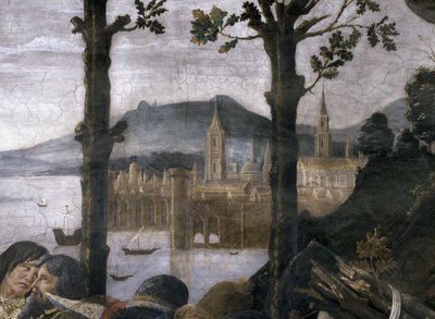 La Purificación del Leproso y la Tentación de Cristo, en la Capilla Sixtina: (detalle) de una ciudad portuaria imaginaria en un paisaje, 1481 de Sandro Botticelli