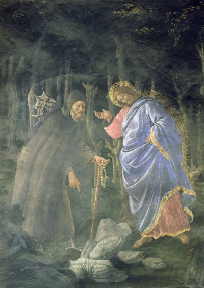 La Purificación del Leproso y la Tentación de Cristo, en la Capilla Sixtina: (detalle) del diablo desafiando a Jesús a convertir piedras en pan, 1481 de Sandro Botticelli