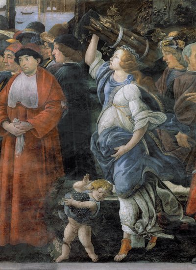 La Purificación del Leproso y la Tentación de Cristo, en la Capilla Sixtina: (detalle) de una mujer llevando leña y un niño pequeño llevando uvas, 1481 de Sandro Botticelli