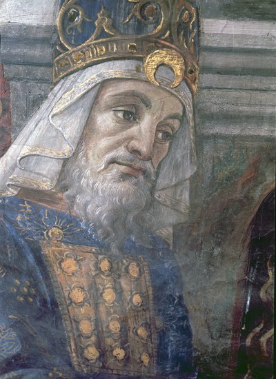 La Purificación del Leproso y la Tentación de Cristo, en la Capilla Sixtina: (detalle) de la cabeza del sacerdote, 1481 de Sandro Botticelli