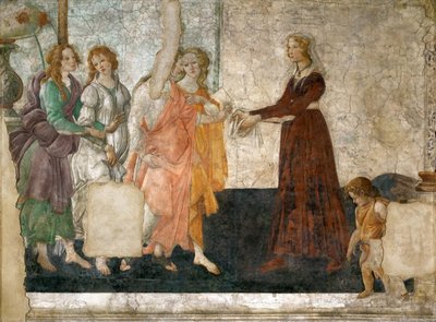 Venus y las Tres Gracias ofreciendo regalos a una joven, 1484-1486 de Sandro Botticelli