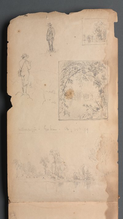 Cuaderno de bocetos, página 01: Autorretratos con viñetas de Sanford Robinson Gifford