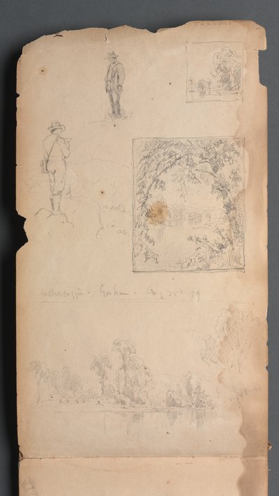 Cuaderno de bocetos, página 01: Autorretratos con viñetas de Sanford Robinson Gifford