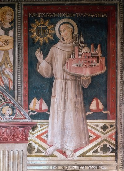 San Bernardino de Siena con un modelo de la ciudad de Siena de Sano di Pietro