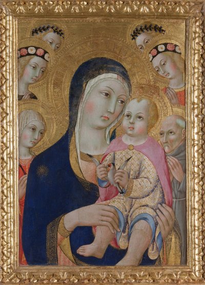 Madonna con Niño, Santos Apolonia y Bernardino y cuatro ángeles, ca. 1460 de Sano di Pietro