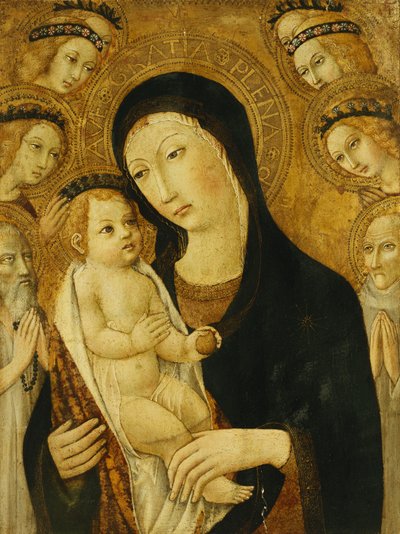 La Virgen y el Niño, con los santos Antonio Abad y Bernardino de Siena, rodeados de ángeles de Sano di Pietro