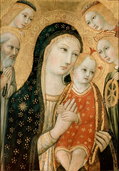 La Virgen y el Niño con San Jerónimo, Santa Catalina de Alejandría y dos ángeles, c1470 de Sano di Pietro