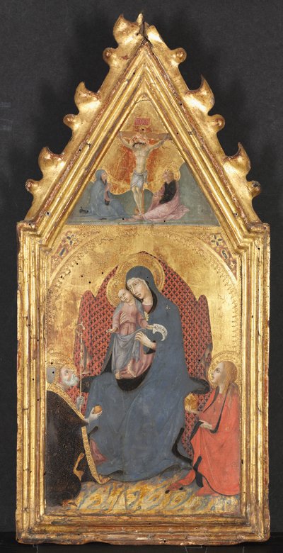 Virgen y Niño Adorados por los Santos María Magdalena y Nicolás de Bari, Cristo Crucificado..., 1400s de Sano di Pietro