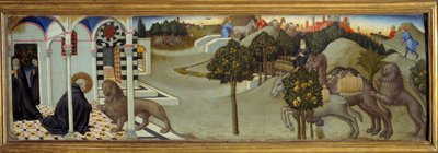 Escena de la vida de San Jerónimo: San Jerónimo quita una espina de la pata del león; el león persigue a los ladrones que habían robado el burro del convento y trae consigo una caravana de camellos cargados de bienes de Sano di also Ansano di Pietro di Mencio Pietro