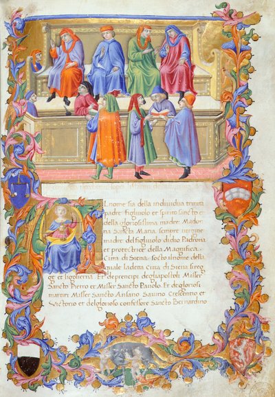 El Tribunale della Mercanzia (Tribunal de Mercancías), miniatura de los Estatutos de los Mercaderes no 6 de Sano di also Ansano di Pietro di Mencio Pietro