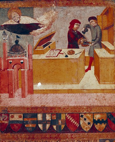 El camarlengo se lava simbólicamente las manos mientras la Virgen benevolente y protectora sobrevuela la ciudad de Siena (detalle) de Sano di also Ansano di Pietro di Mencio Pietro