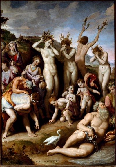 Las Heliades fueron cambiadas por álamos y Cycnos se transformó en un cisne (Pintura de Santi di Tito