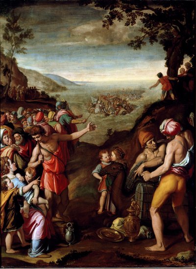 El paso del Mar Rojo El pueblo hebreo, huyendo de Egipto, cruza el Mar Rojo, guiado por Moisés. Pintura de Santi di Tito (1536-1603) Florencia, Gabinete de Francois I, Palazzo Vecchio de Santi di Tito