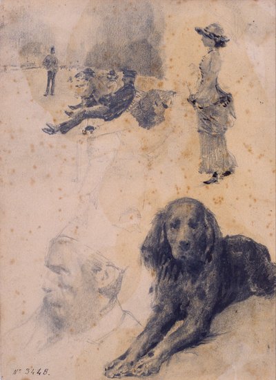 Estudios de figuras y estudio de perro de Santiago Rusiñol