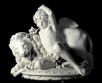 El amor dominando la fuerza Escultura de mármol de Santo Varni (1807-1885) 1865. Dim. 85x90x62 cm De la colección del Príncipe Odon di Savoia. Génova, Galleria d
